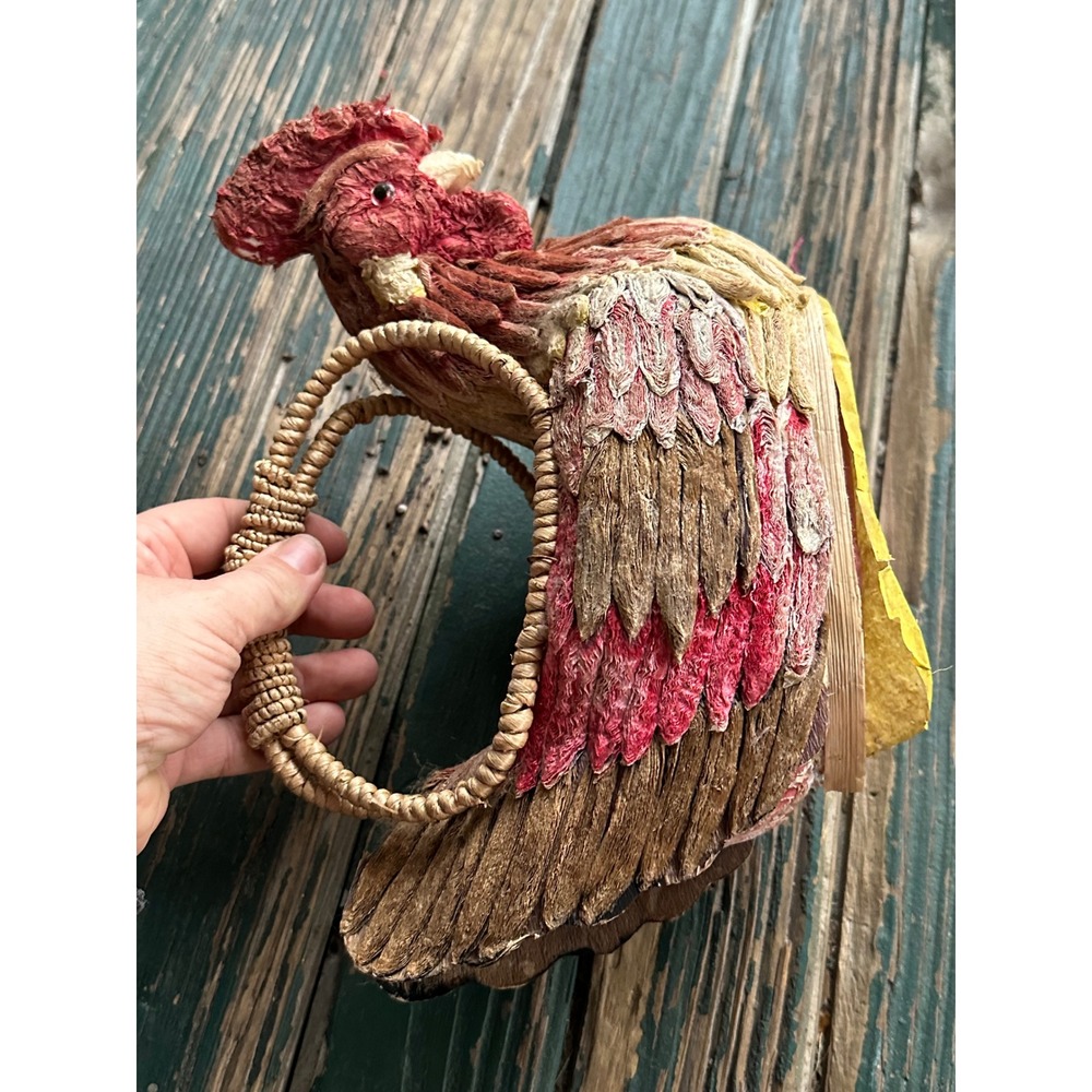 Vintage Folk Art Rooster Paper Mache Woven Handle Basket Farmhouse Decor Red